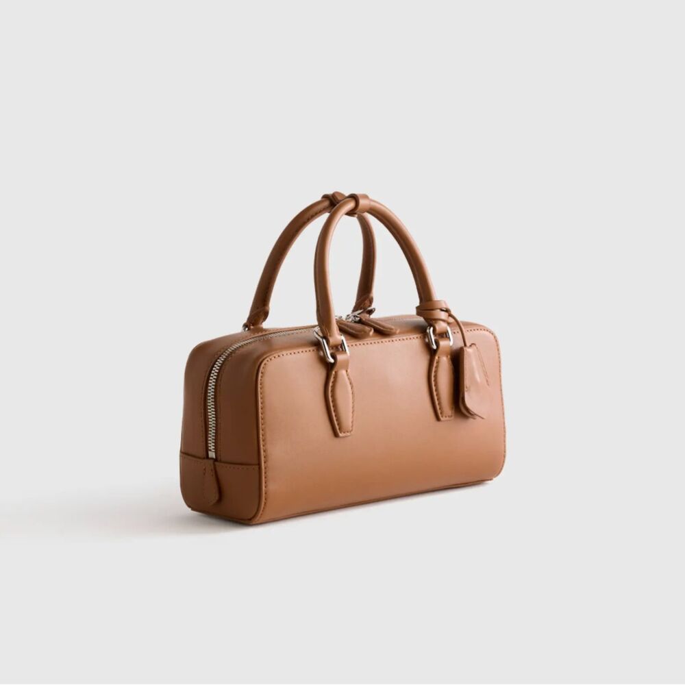 Quince Italian Leather Mini Bowler Satchel Handbag Brown Leather Top Handle Purs